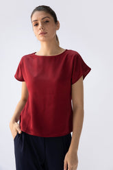 Saltpetre womens formal work t-shirts for under blazers in organic cotton with rounded necks - maroon